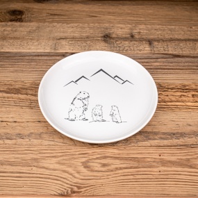 Mountain dessert plate with a pattern of three marmots.