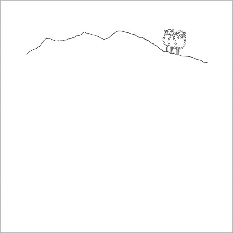 Square mountain-themed white cotton percale pillowcase embroidered with a gray sheep motif.