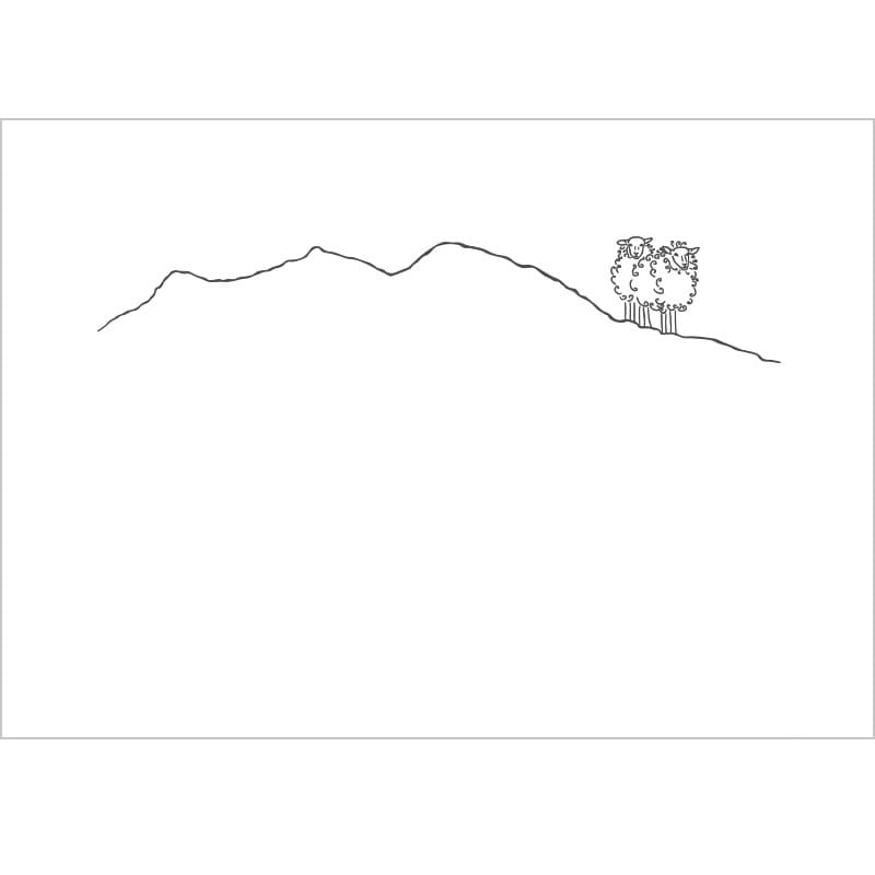 Rectangular mountain-themed white cotton percale pillowcase embroidered with a gray sheep motif.