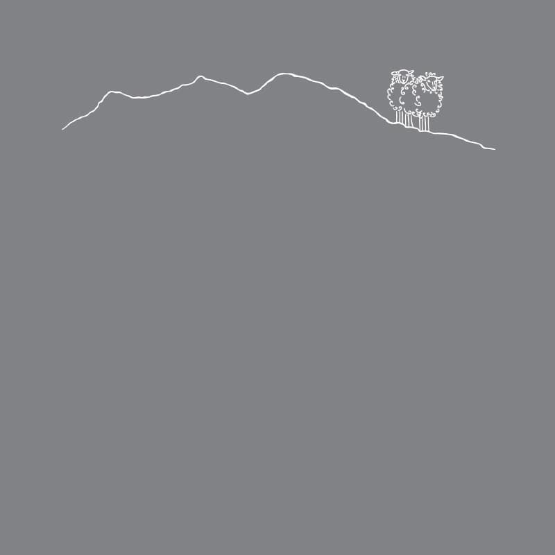Square mountain-themed gray cotton percale pillowcase embroidered with a white sheep motif.