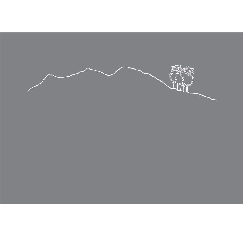 Rectangular mountain-themed gray cotton percale pillowcase embroidered with a white sheep motif.