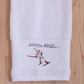 White shower towel with a skier 28x55 in