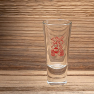 Mountain liqueur glass with a design of a red gondola.