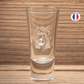Mountain liqueur glass decorated with a design of a white gondola.