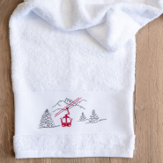 Telo doccia 70x140 cm stile montagna bianco con ricamo funivia rossa.