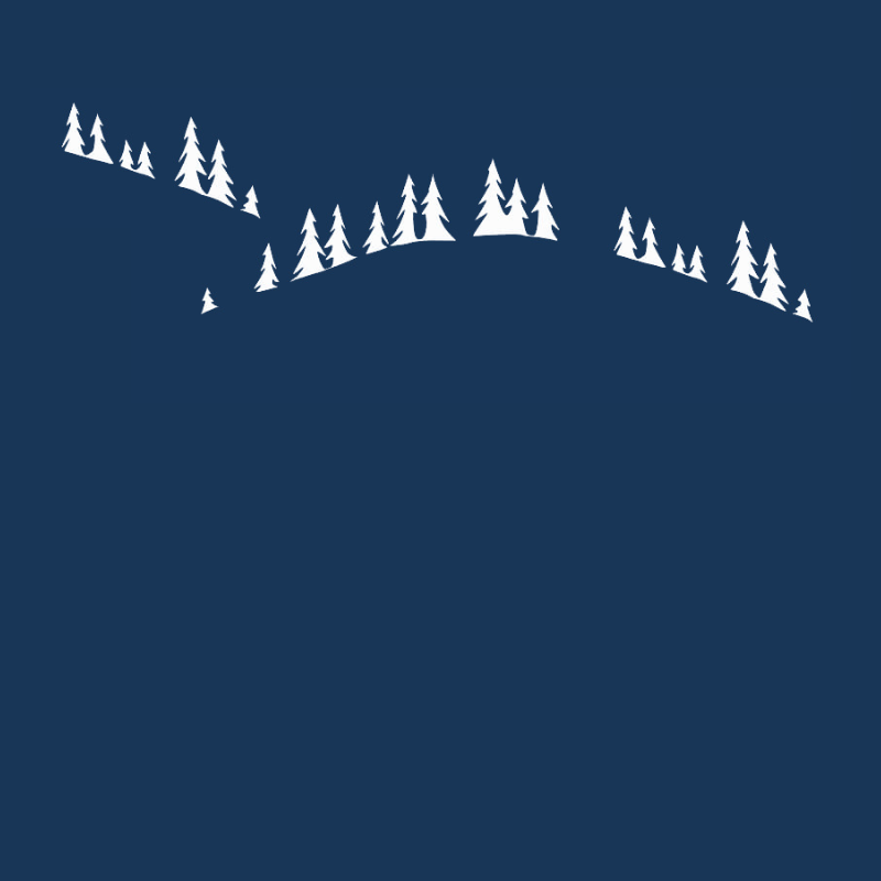 Square mountain-themed pillowcase in midnight blue cotton percale, embroidered with white pine tree motifs.
