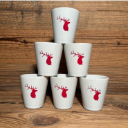 Piramide di 6 tazze da caffè bianche con motivo di cervo rosso.