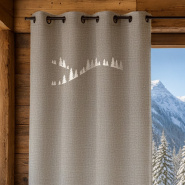 Beige mountain curtain embroidered with white fir trees, 55" x 102" with eyelets.