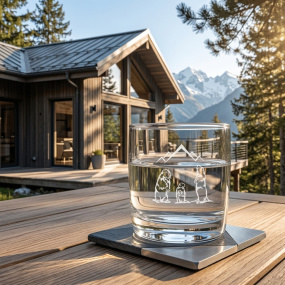 Mountain water glass featuring a marmot motif outside a chalet.