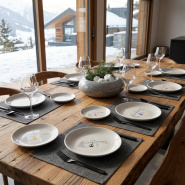 Mountain plate with a gondola pattern presented on a table.