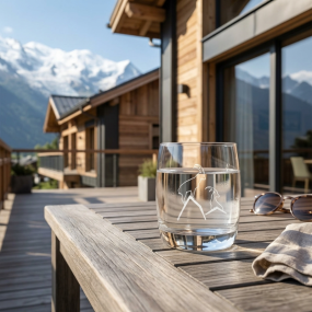 Bicchiere da acqua di montagna con motivo di stambecco in un ambiente da chalet contemporaneo.