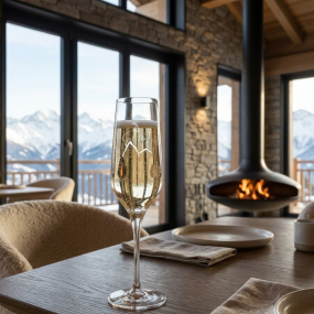 Calice da champagne di montagna con motivo di stambecco in un ambiente da chalet contemporaneo.
