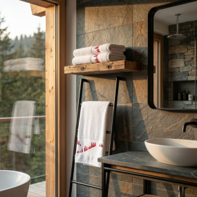 White mountain bath towel embroidered with red pine trees in a chalet bathroom.