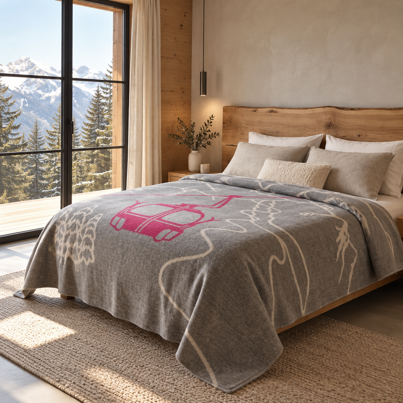 Gray mountain-themed bedspread with a gondola pattern, laid out on a bed, 240x220 cm.