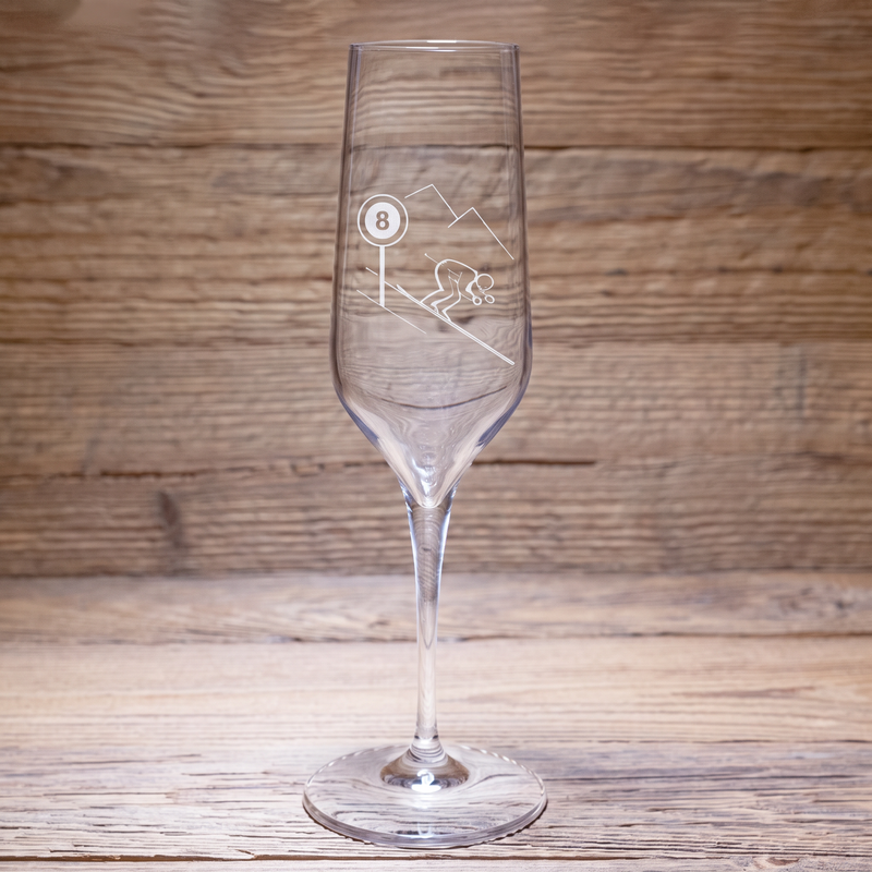 Mountain champagne flute with Schuss skier and piste sign design